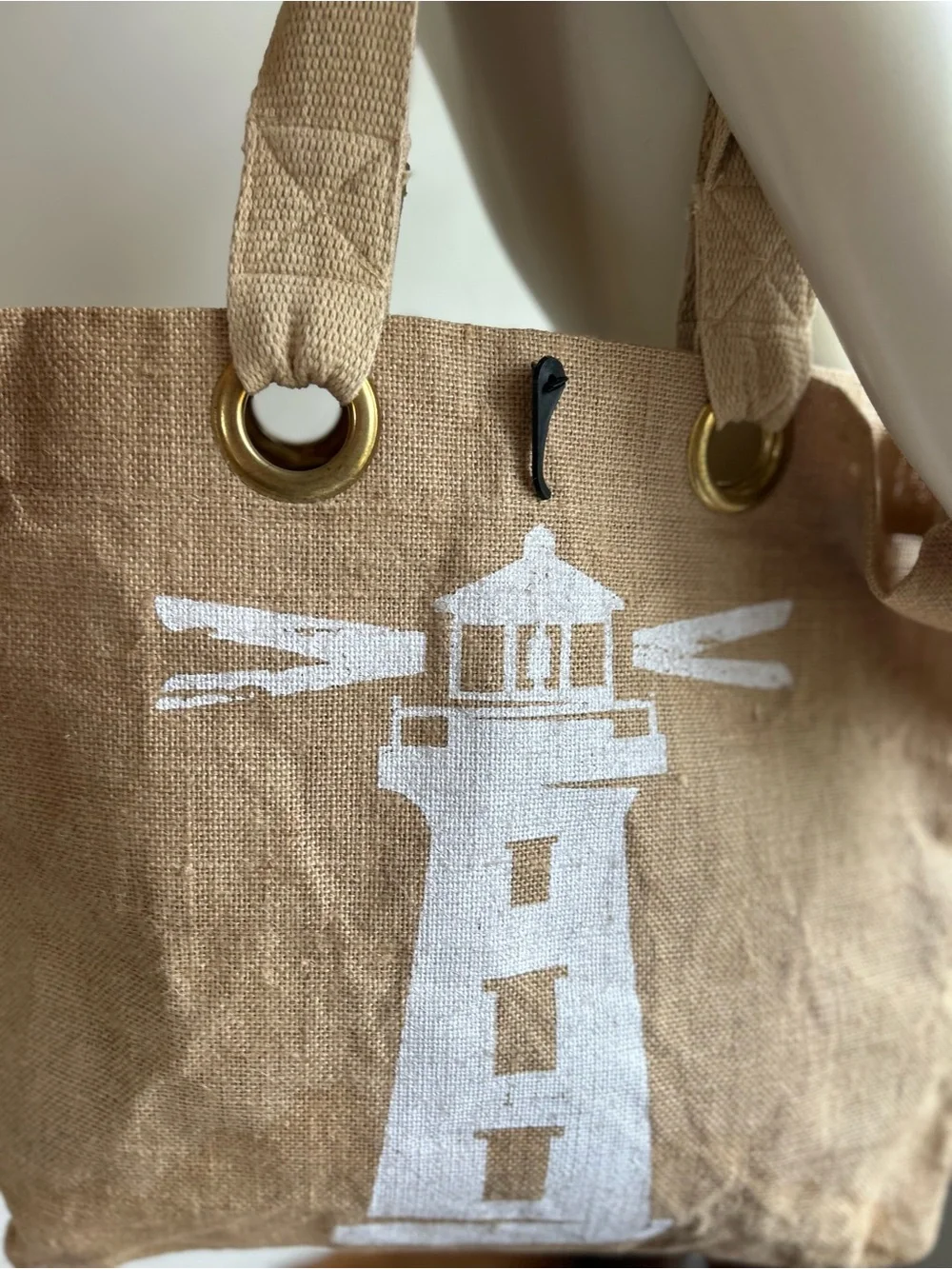 Beige Jute Lighthouse Tote — Casual Beach Canvas Bag